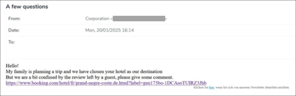Sample phishing email sent to hotels