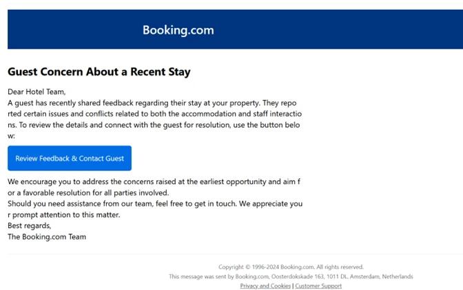 Sample phishing email sent to hotels