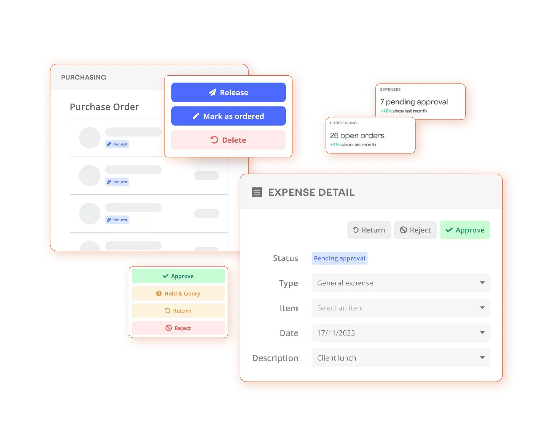 Sysynkt screens floating together: a purchase order list with release and delete actions, a pending-approval card, an expense detail form and an approval panel