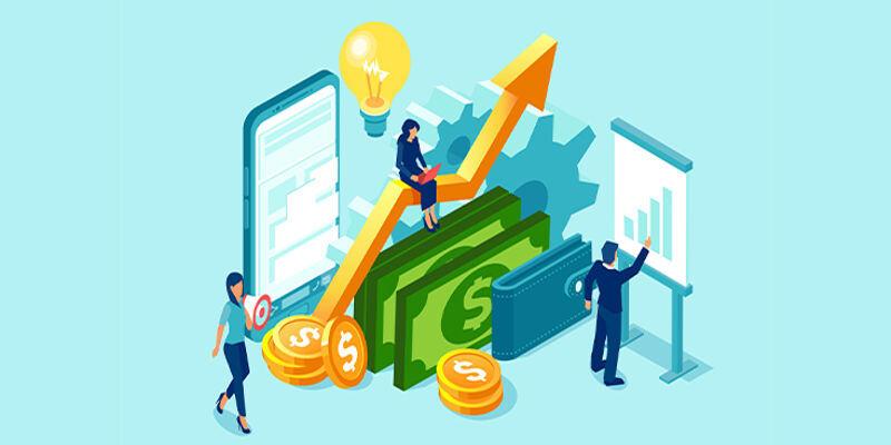 Minh hoạ tăng trưởng tài chính doanh nghiệp: mũi tên đi lên, tiền, biểu đồ hiệu suất và đội ngũ nhân sự