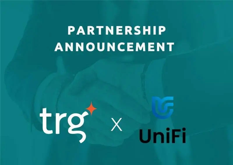 Partnership announcement lockup: the TRG logo beside the UniFi logo on teal