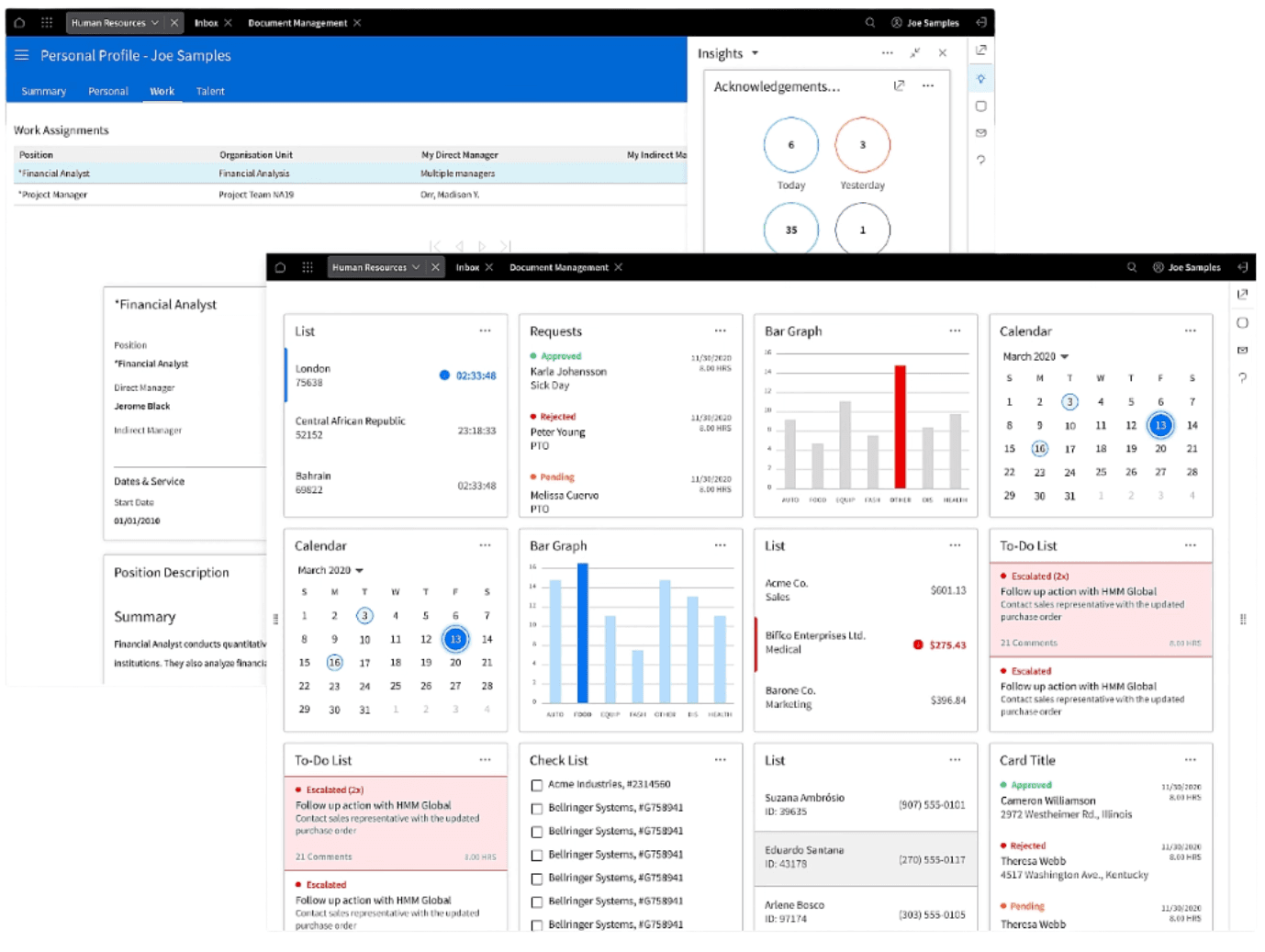 Infor OS portal showing a personal profile, work assignments and an insights panel alongside a dashboard of lists, approval requests, bar graphs, calendars and to-do cards