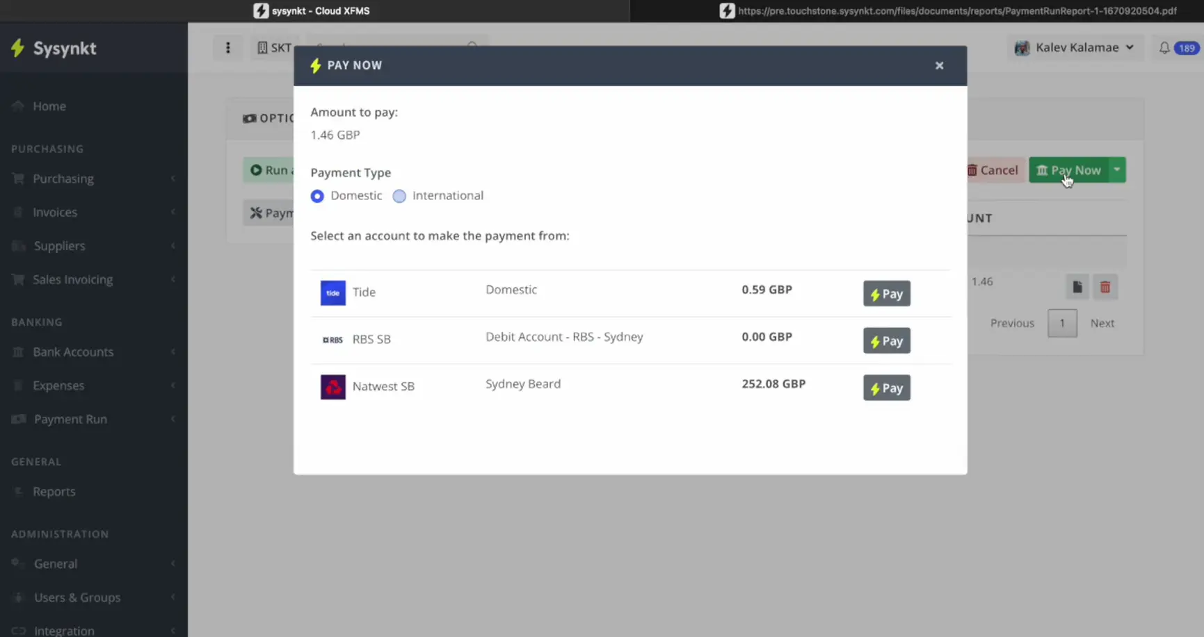 Sysynkt Pay Now dialogue over the Payment Run screen: an amount to pay, a domestic or international payment type, and three bank accounts each with its own Pay button
