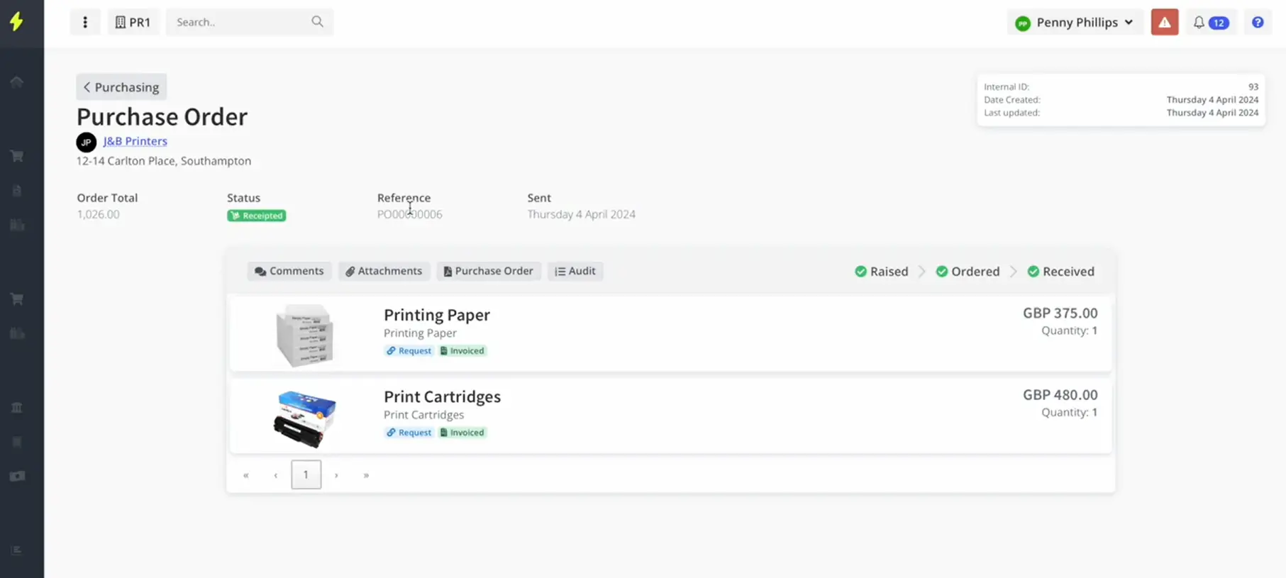 Sysynkt Purchase Order screen for supplier J&B Printers, showing order total, status, reference and sent date above two received line items with raised, ordered and received stages