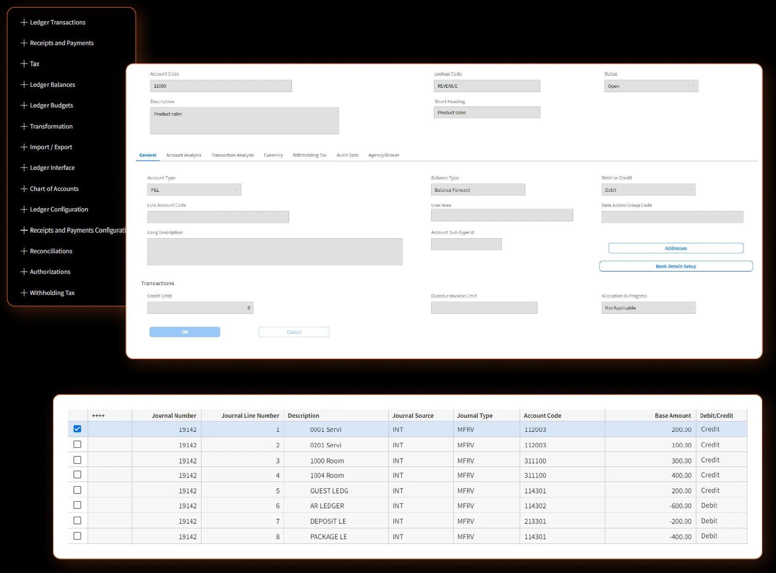Giao diện Infor SunSystems Cloud với menu sổ cái, màn hình khai báo mã tài khoản và danh sách dòng bút toán