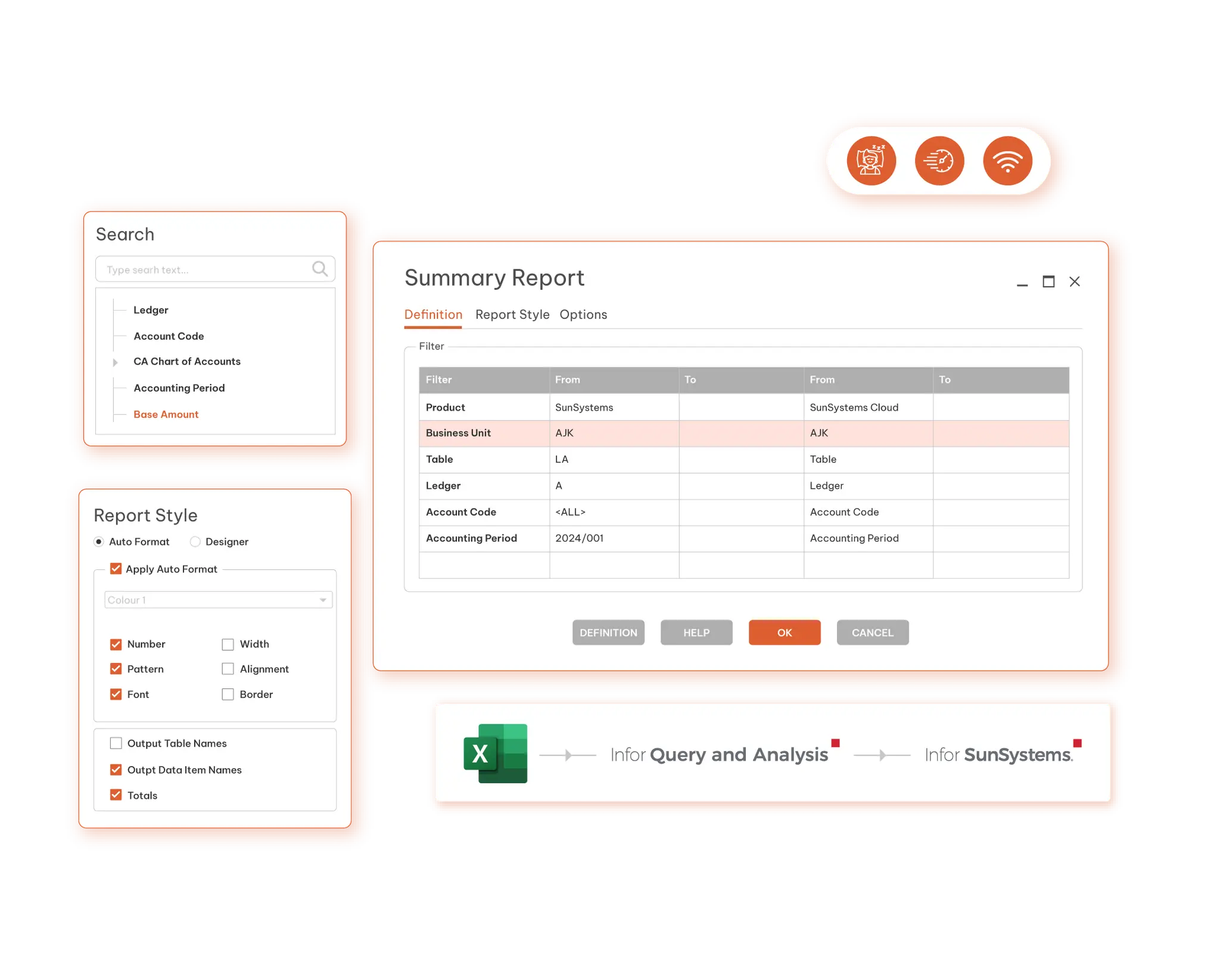 Infor Q&A report builder: a Summary Report definition filtering SunSystems data by business unit, ledger, account code and period, with Search and Report Style panels, and a flow from Microsoft Excel through Infor Query and Analysis to Infor SunSystems