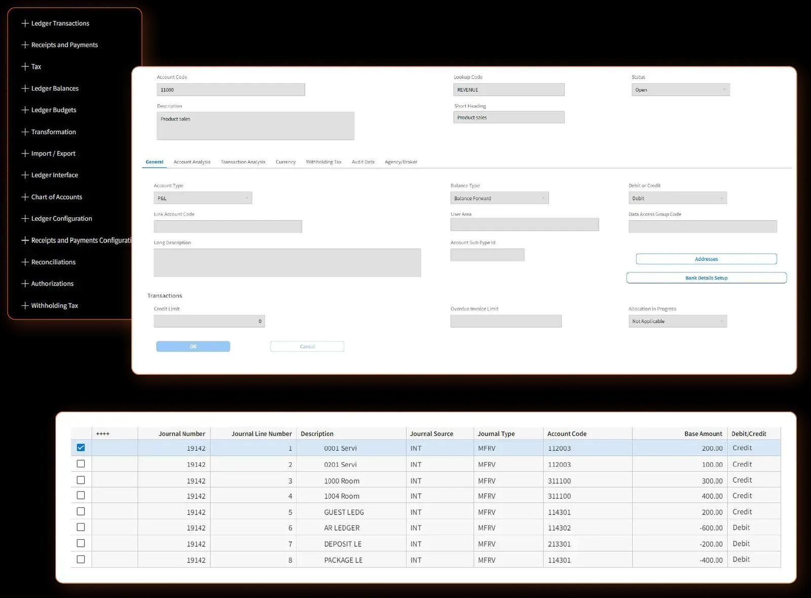 Infor SunSystems Cloud interface showing the ledger menu, an account-code maintenance form and a journal-line listing