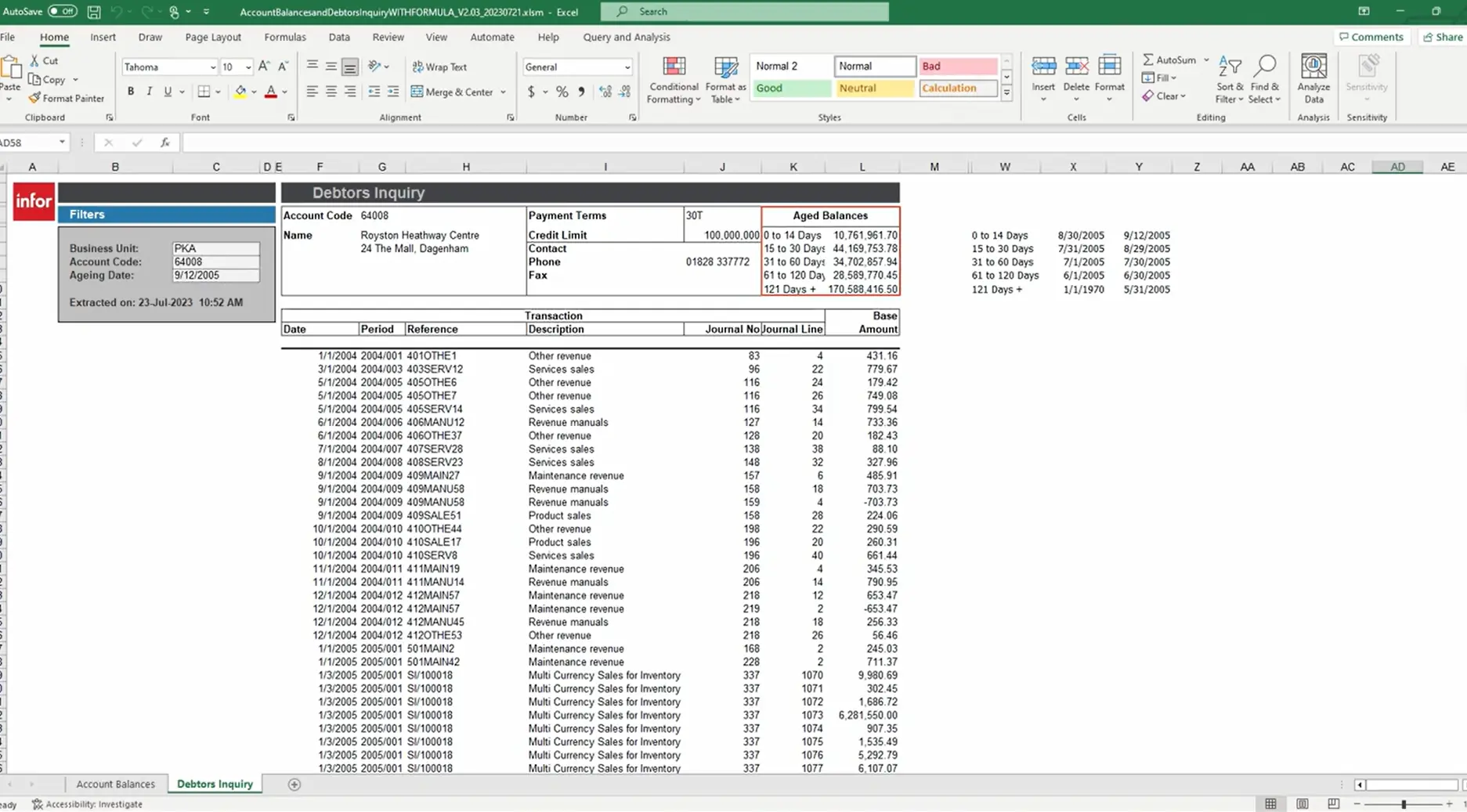 Microsoft Excel workbook running an Infor Q&A Debtors Inquiry: the customer account, payment terms and aged balances at the top, and every transaction for the account listed by date, period, reference and amount below