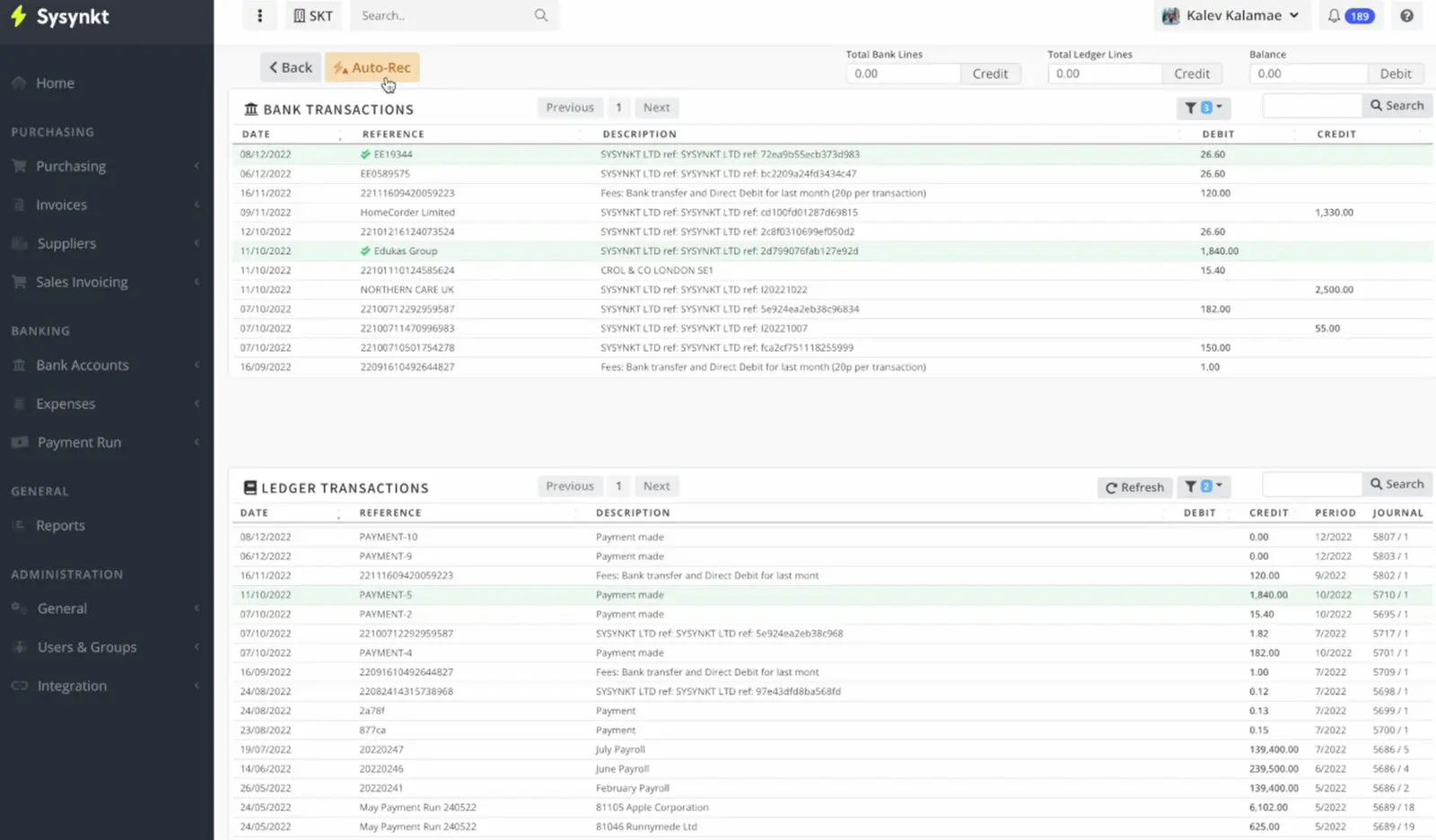 Sysynkt reconciliation screen: a Bank Transactions table above a Ledger Transactions table, with total bank lines, total ledger lines and balance across the top and an Auto-Rec button