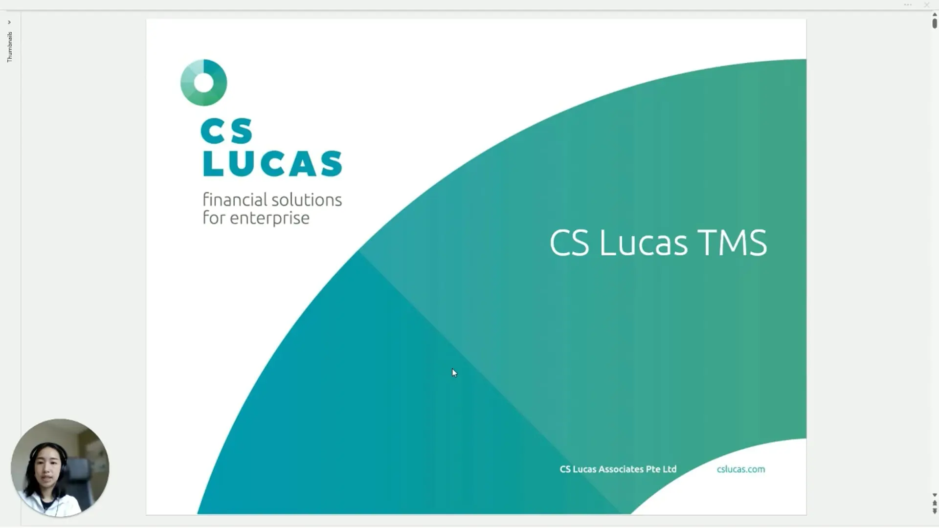 Ảnh bìa video của CS Lucas với dòng chữ CS Lucas TMS, kèm logo CS Lucas và dòng financial solutions for enterprise trên nền vòng cung màu xanh ngọc