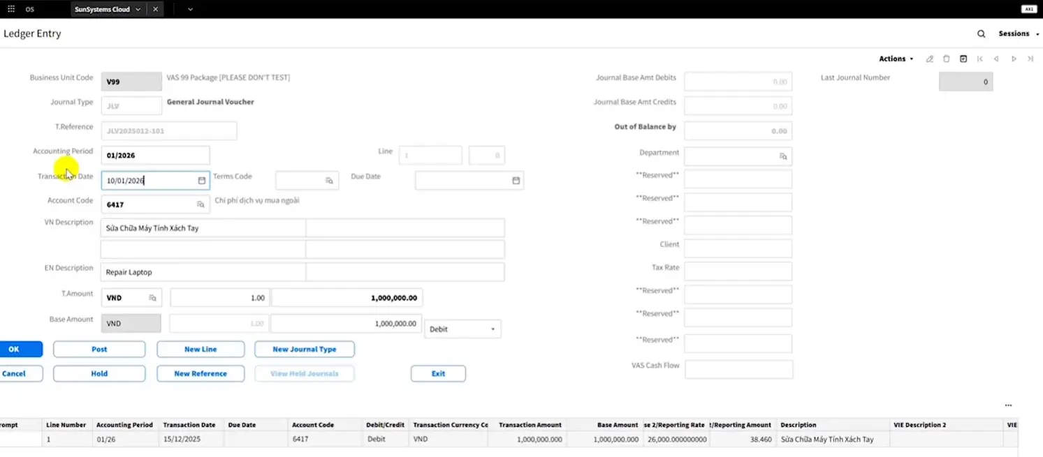 Infor SunSystems ledger entry used for VAS reporting